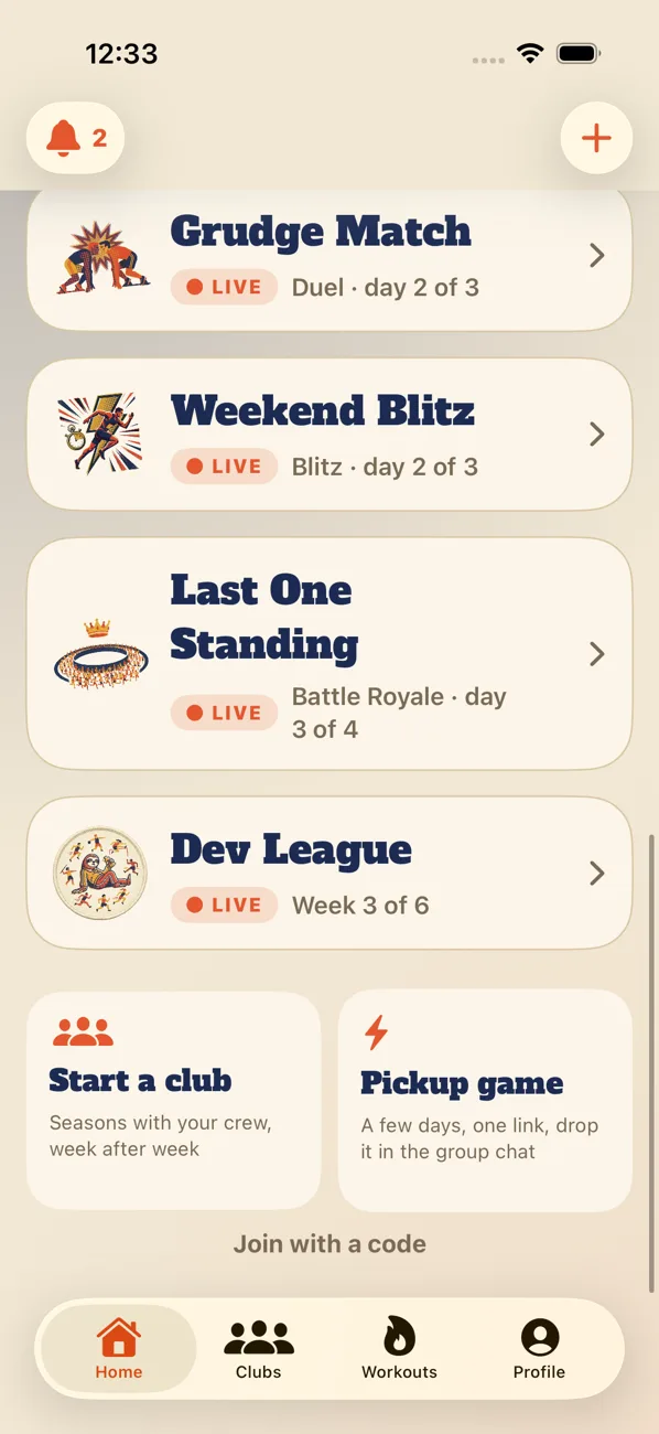 Home screen: live seasons and pickup games, with Start a club and Pickup game buttons