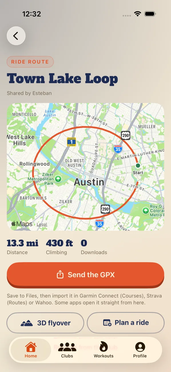 A club route on the map with Send the GPX