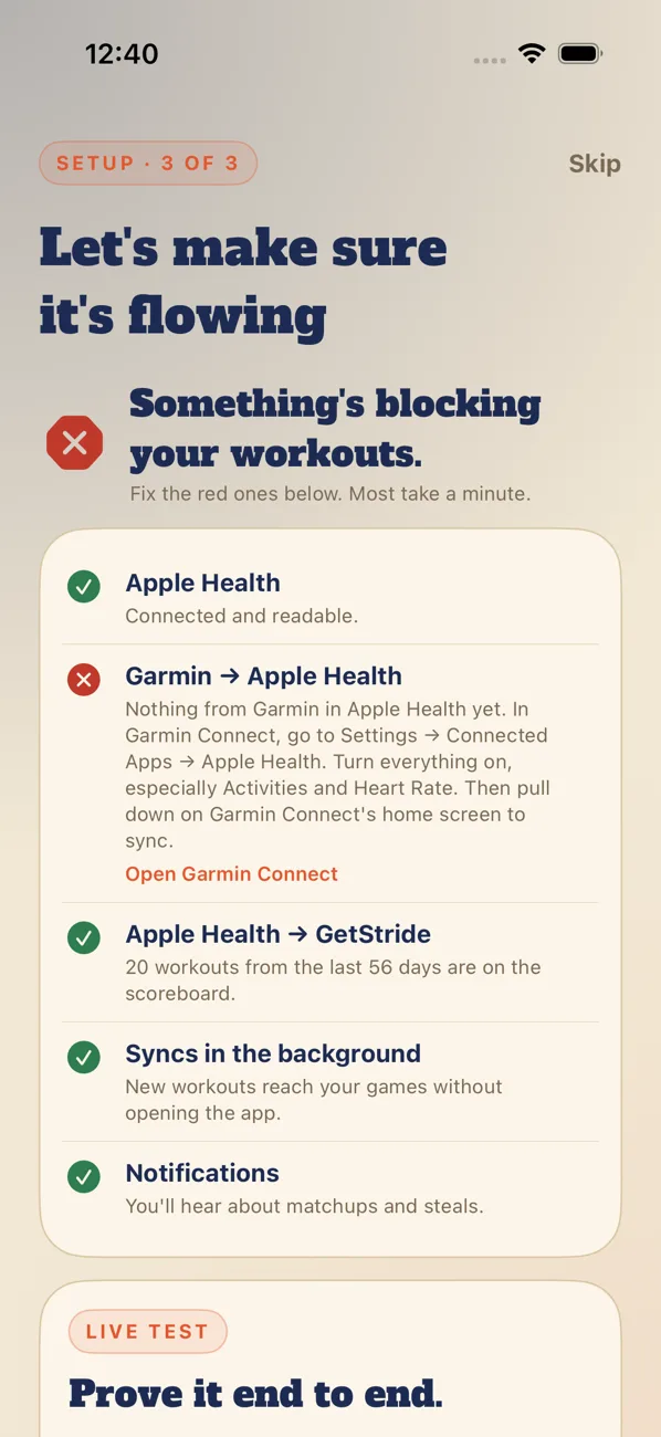 Setup check: Apple Health connected, Garmin to Apple Health needs fixing, with the exact steps