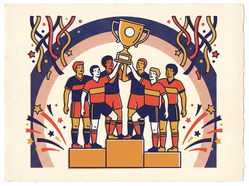 Toy team lifting a trophy in confetti